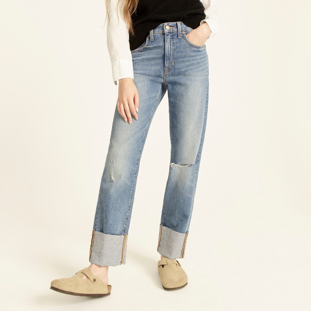 J.Crew Size 26 Full Length Bootcut Cuff Jean in Ferry Wash with Knee Slit